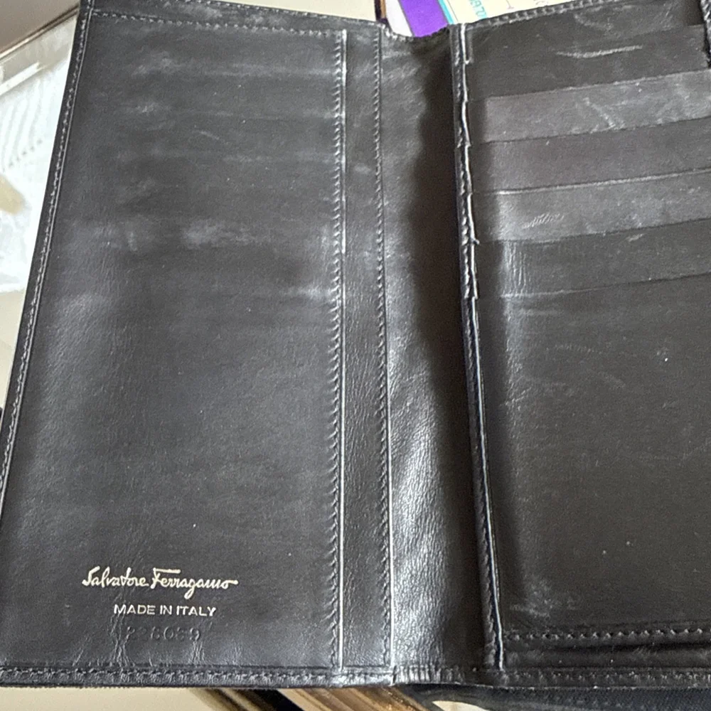 Salvatore Ferragamo Black Nylon Leather Tri Fold Wallet Clutch Vintage